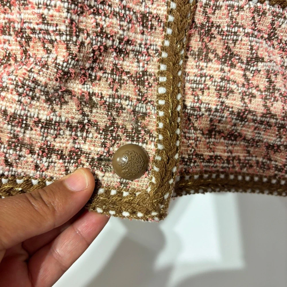 Isaac Mizrahi Live Womens‎ Pink Brown Houndstooth Tweed Jacket Gold Trim Size M
